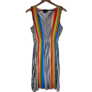 ANGIE Colorful Striped Pleated Dress RETRO Sleeveless Large V Neck Party‎ Casual